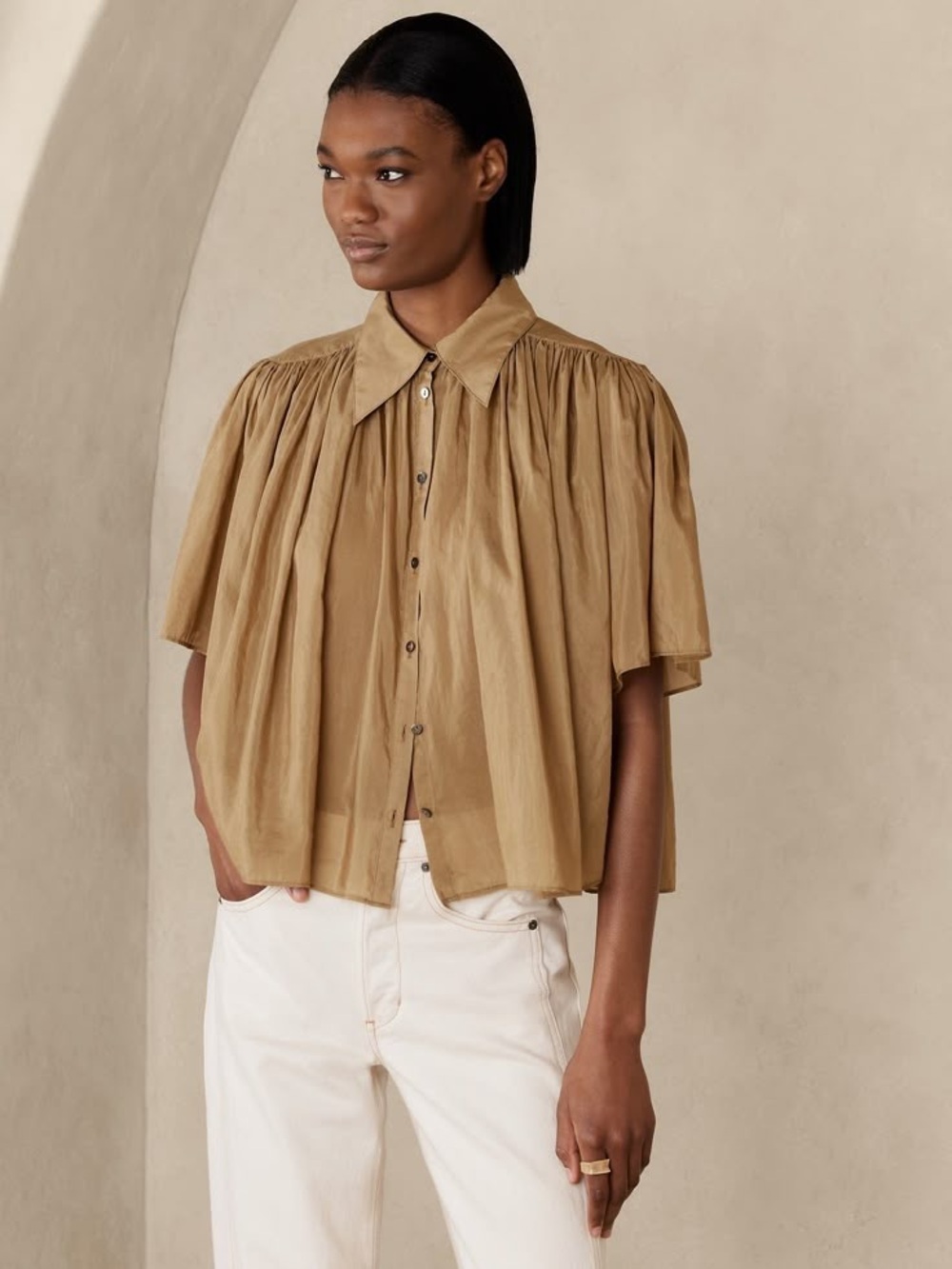 Banana Republic Rosalie Cotton-Silk Blouse Whisky-Brown Size M